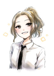 Rule 34 | 1girl, arms at sides, black necktie, brown eyes, brown hair, collared shirt, commentary request, cropped torso, dress shirt, forehead, grin, hair ornament, hair scrunchie, high ponytail, highres, honami hisame, light blush, looking at viewer, necktie, parted bangs, ponytail, scrunchie, shirt, short hair, shoujo kageki revue starlight, simple background, smile, solo, tareko, upper body, white background, white shirt, yellow scrunchie