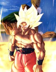 Rule 34 | 1boy, abs, absurdres, aura, blonde hair, blood, blood on face, bruise, bruise on face, dragon ball, dragonball z, energy, highres, injury, muscular, muscular arms, muscular male, pectorals, red eyes, scratches, serious, solo, son goku, spiked hair, super saiyan, super saiyan 1, tagme, topless, topless male