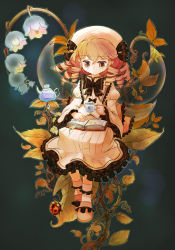 Rule 34 | 1girl, bellflower, blonde hair, book, brown eyes, bug, crescent, cup, dress, drill hair, female focus, flower, hair ribbon, hat, highres, insect, ladybug, lily of the valley, long sleeves, luna child, open book, plant, reading, ribbon, short hair, simple background, sitting, slippers, solo, touhou, uma (ninjin misaki), vines, wings