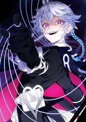 Rule 34 | 1boy, black gloves, blue hair, cape, crazy eyes, crazy smile, dark background, eyelashes, fangs, foreshortening, gloves, grey hair, hairpin, heart, highres, hiropon (owo hiropon), holostars, holostars english, looking at viewer, male focus, multiple hairpins, octavio, pink eyes, puppet strings, shaded face, short hair, smile, standing, teeth, tri braids, twitter username, upper body, upper teeth only, virtual youtuber