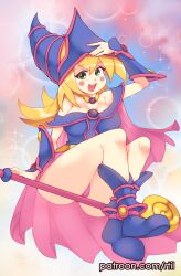 Rule 34 | 1girl, :d, absurdres, ass, bare shoulders, blonde hair, blue footwear, blush, breasts, dark magician girl, duel monster, floating, full body, green eyes, hat, highres, large breasts, levitation, long hair, looking at viewer, open mouth, panties, pink panties, rtil, smile, solo, staff, underwear, yu-gi-oh!