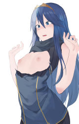 Rule 34 | 1girl, absurdres, black shirt, blue eyes, blue hair, blue scarf, blue shirt, blush, breasts, breasts out, commentary, fire emblem, fire emblem awakening, highres, keiz, long hair, looking down, lucina (fire emblem), nintendo, nipples, no bra, open mouth, ribbed shirt, scarf, shirt, simple background, sleeveless, sleeveless shirt, small breasts, solo, tiara, torn clothes, torn shirt, undershirt, upper body, white background