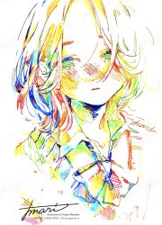 Rule 34 | 1girl, artist name, blush, bow, bowtie, cardigan, closed mouth, collared shirt, colorful, highres, looking at viewer, medium hair, original, school uniform, shirt, signature, solo, traditional media, upper body, watanabe tomari, watermark, white background