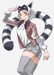 Rule 34 | 1girl, belt, black-framed eyewear, black hair, black jacket, bob cut, brown jacket, commentary, extra ears, eyewear on head, grey background, grey shorts, grey thighhighs, hand on headwear, highres, jacket, kemono friends, lemur ears, lemur tail, long sleeves, long tail, looking at viewer, multicolored clothes, multicolored hair, multicolored jacket, open clothes, open jacket, orange eyes, parted lips, ring-tailed lemur (kemono friends), shirt, short hair, short shorts, shorts, simple background, skindentation, smile, solo, striped tail, sunglasses, tail, tanabe (fueisei), thighhighs, two-tone hair, white hair, white jacket, white shirt