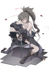 Rule 34 | 1girl, bandaged chest, bare shoulders, belt, bikini, bikini top only, black bikini, black coat, black footwear, black shorts, boots, breasts, chair, coat, collarbone, counter:side, cross-laced footwear, cuffs, front-tie bikini top, front-tie top, full body, grey hair, handcuffs, highres, knee boots, lace-up boots, long hair, machine collector, medium breasts, mmm (ji1945), official art, open clothes, open coat, pale skin, ponytail, red eyes, scar, scar on arm, scar on leg, scar on shoulders, second-party source, short shorts, shorts, sitting, solo, spread legs, swimsuit, tachi-e, thigh belt, thigh strap, transparent background