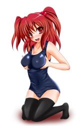Rule 34 | 1girl, bad id, bad pixiv id, black thighhighs, blush, breast hold, breasts, breasts squeezed together, cameltoe, covered erect nipples, fang, female focus, grabbing own breast, large breasts, one-piece swimsuit, onozuka komachi, red eyes, red hair, school swimsuit, shiny clothes, skindentation, smile, solo, swimsuit, tera hiroshi, thighhighs, touhou