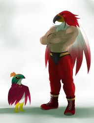 Rule 34 | 1boy, absurdres, animal head, bad id, bad pixiv id, beak, black sclera, colored sclera, creatures (company), crossed arms, crossover, eric lowery, fatal fury, feathered wings, feathers, game freak, garou: mark of the wolves, gen 6 pokemon, gradient background, green eyes, griffon mask, hawlucha, height difference, highres, luchador, muscular, nintendo, pokemon, pokemon (creature), snk, the king of fighters, topless male, trait connection, wings, yellow eyes