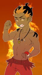 Rule 34 | 1boy, creatures (company), faust (5/4), fire, game freak, highres, kiawe (pokemon), male focus, multicolored hair, muscular, nintendo, nipples, pokemon, pokemon sm, solo, tagme, tattoo, topless male