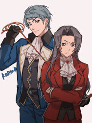 Rule 34 | 1boy, 1girl, ace attorney, ascot, black gloves, black vest, blue eyes, blue hair, blue jacket, blue pants, buttons, closed mouth, collared coat, cowboy shot, crossed arms, earrings, franziska von karma, frilled ascot, frills, frown, furrowed brow, genderswap, genderswap (ftm), genderswap (mtf), gloves, grey eyes, grey hair, hair intakes, highres, holding, holding whip, jacket, jewelry, kanmi (kanmiland), lapels, long hair, looking at viewer, miles edgeworth, mole, mole under eye, open clothes, open jacket, pants, red jacket, short hair, simple background, swept bangs, three-piece suit, very long hair, very short hair, vest, white ascot, white background