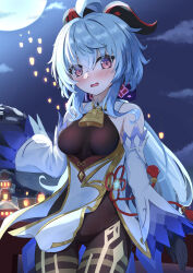 Rule 34 | 1girl, absurdres, ahoge, architecture, bell, black bodysuit, black gloves, blue hair, blurry, blush, bodysuit, building, cloud, cloudy sky, commentary request, cpk prd, depth of field, detached sleeves, east asian architecture, full moon, ganyu (genshin impact), genshin impact, gloves, goat horns, hair between eyes, highres, horns, jingle bell, lantern, lantern festival, long hair, long sleeves, looking at viewer, low ponytail, moon, neck bell, night, night sky, outdoors, paper lantern, red eyes, sidelocks, sky, sky lantern, solo, vision (genshin impact), wide sleeves