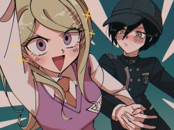 Rule 34 | 1boy, 1girl, :d, akamatsu kaede, arm up, baseball cap, black hair, black headwear, blonde hair, blush, brown eyes, buttons, collared shirt, commentary request, danganronpa (series), danganronpa v3: killing harmony, double-breasted, fortissimo, gakuran, green background, hair between eyes, hair ornament, hat, highres, holding hands, long hair, long sleeves, looking at another, looking at viewer, musical note, musical note hair ornament, necktie, nzeneee, open mouth, pink eyes, pink vest, saihara shuichi, school uniform, shirt, short hair, simple background, smile, sparkle, striped clothes, striped shirt, vest