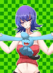 Rule 34 | 1girl, 1other, belt, blue hair, breasts, checkered background, creatures (company), crop top, ears, feet, game freak, gen 3 pokemon, green background, highres, hukujin, large breasts, midriff, navel, nintendo, pink eyes, pink shirt, pokemon, pokemon (creature), pokemon hgss, sabrina (pokemon), shiny skin, shirt, smile, stretching, tail, wynaut