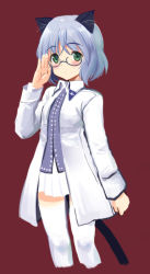 Rule 34 | 1girl, adjusting eyewear, animal ears, blush, cat ears, cat tail, cowboy shot, cropped legs, glasses, green eyes, kyogoku shin, no lineart, red background, salute, sanya v. litvyak, short hair, silver hair, sketch, skirt, solo, strike witches, tail, thighhighs, white thighhighs, world witches series