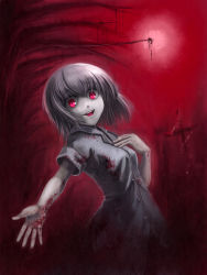 Rule 34 | 1girl, blood, blood stain, crazy, crazy eyes, cross, edobox, glowing, glowing eyes, moon, pale skin, pixiv fantasia, pixiv fantasia 1, red eyes, red moon, red theme, smile, solo