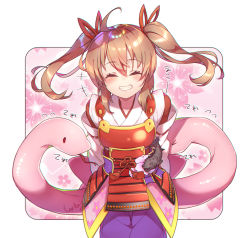 Rule 34 | +++, 1girl, ahoge, armor, arms behind back, blush, brown hair, commentary request, closed eyes, floating hair, grin, hair between eyes, head tilt, japanese clothes, long hair, oka (oshiro project), oshiro project:re, oshiro project:re, red eyes, shaneru, signature, smile, snake, solo, tongue, tongue out