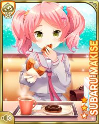 Rule 34 | 1girl, bow, coffee, cup, doughnut, eating, food, girlfriend (kari), grey shirt, grey skirt, holding, hungry, indoors, makise subaru, official art, open hand, pink bow, pink hair, plum neckwear, plum ribbon, qp:flapper, shirt, shoes, skirt, solo, table, tagme, tray, twintails, yellow eyes