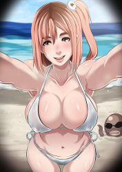 Rule 34 | 1boy, 1girl, absurdres, beach, bikini, blush, breasts, brown eyes, brown hair, butcha-u, covered erect nipples, day, dead or alive, dead or alive 5, hair ornament, highres, honoka (doa), large breasts, looking at viewer, md5 mismatch, navel, octopus, one side up, open mouth, pov, resolution mismatch, short hair, side-tie bikini bottom, smile, solo, source smaller, swimsuit, white bikini, zack (doa)