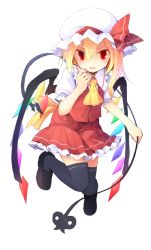 Rule 34 | 1girl, ascot, black thighhighs, blonde hair, flandre scarlet, hat, hat ribbon, kazeharu, laevatein, looking at viewer, mob cap, open mouth, puffy sleeves, red eyes, ribbon, shirt, short sleeves, simple background, skirt, skirt set, solo, thighhighs, touhou, vest, white background, wings, zettai ryouiki