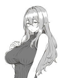 Rule 34 | 1girl, bare arms, bare shoulders, blush, breasts, brown haired glasses elf (houtengeki), closed mouth, commentary request, elf, embarrassed, glasses, greyscale, hair between eyes, hair intakes, hand on own chest, houtengeki, large breasts, long hair, looking at viewer, mature female, monochrome, original, pointy ears, ribbed sweater, round eyewear, simple background, sleeveless, sleeveless turtleneck, solo, sweater, turtleneck, white background
