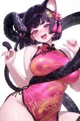 1girl animal animal_ear_fluff animal_ears bare_arms bare_shoulders black_hair blush breasts cat_ears cat_girl cat_tail china_dress chinese_clothes chinese_zodiac commentary dragon_print dress earrings english_commentary eyeliner fangs fingernails flower_knot hair_ornament hands_up highres indie_virtual_youtuber jewelry large_breasts long_fingernails looking_at_viewer luvei_(vtuber) makeup nail_polish open_mouth pelvic_curtain pink_dress pink_eyeliner pink_nails print_dress short_hair simple_background sleeveless sleeveless_dress smile snake solo tail teeth tifa_(iluvei) tongue twitter_username upper_teeth_only virtual_youtuber white_background year_of_the_snake