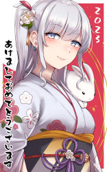 Rule 34 | 1girl, 2023, absurdres, animal, blush, chinese zodiac, closed mouth, commentary request, earrings, floral print, fuyutsuki (kancolle), grey eyes, grey hair, happy new year, highres, japanese clothes, jewelry, kantai collection, kimono, kiritto, long hair, long sleeves, looking at viewer, new year, obi, obiage, obijime, one side up, print kimono, rabbit, sakuramon, sash, smile, solo, tassel, translation request, upper body, white kimono, wide sleeves, year of the rabbit