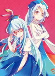 Rule 34 | 2girls, bespectacled, blue dress, blue eyes, blue headwear, commentary request, cowboy shot, crossed arms, dress, glasses, hand up, hat, highres, jacket, kamishirasawa keine, lab coat, long hair, long sleeves, looking at viewer, multiple girls, neckerchief, nig 18, nurse cap, red background, red dress, red eyes, red neckerchief, shirt, short sleeves, touhou, two-tone dress, white jacket, white shirt, yagokoro eirin