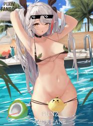 Rule 34 | 1girl, :o, absurdres, antenna hair, areola slip, arms up, azur lane, bikini, breasts, caustics, censored, censored nipples, character name, convenient censoring, copyright name, deal with it (meme), female pubic hair, glint, hair between eyes, hand in own hair, highres, honk (honk379637), long hair, looking at viewer, manjuu (azur lane), medium breasts, meme, mole, mole on breast, multicolored hair, navel, novelty censor, official alternate costume, orange eyes, outdoors, palm tree, prinz eugen (azur lane), prinz eugen (unfading smile) (azur lane), pubic hair, side-tie bikini bottom, silver hair, solo, streaked hair, string bikini, sunglasses, swimsuit, tree, twintails, very long hair, wading
