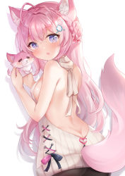 Rule 34 | 1girl, animal ear fluff, animal ears, ass, backless dress, backless outfit, bare back, bare shoulders, blush, braid, breasts, butt crack, commentary request, dress, fang, hair between eyes, hair ornament, hakui koyori, halterneck, heart, hololive, long hair, looking at viewer, looking back, meme attire, nikoo, pantyhose, pink hair, purple eyes, ribbed sweater, sideboob, simple background, solo, sweater, sweater dress, tail, turtleneck, turtleneck sweater, virgin killer sweater, virtual youtuber, wolf ears, wolf tail