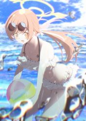 Rule 34 | 1girl, bikini, blue archive, blurry, blurry background, blush, breasts, cleavage, collarbone, eyewear on head, frilled bikini, frills, halo, harikonoma, hifumi (blue archive), hifumi (swimsuit) (blue archive), highres, light brown hair, long hair, looking at viewer, low twintails, ocean, open mouth, sky, small breasts, solo, sunglasses, swimsuit, twintails, water, water drop, wet, white bikini, yellow eyes