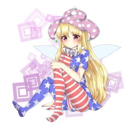 Rule 34 | 1girl, american flag dress, american flag legwear, bad id, bad pixiv id, blonde hair, blush, cheunes, clownpiece, collar, fairy wings, frilled collar, frilled shirt collar, frills, hat, highres, jester cap, knees up, long hair, looking at viewer, neck ruff, no shoes, pantyhose, pink hair, polka dot, shirt, short hair, sidelocks, simple background, sitting, smile, solo, star (symbol), striped, touhou, very long hair, white background, wings