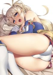 Rule 34 | 1girl, ass, bare shoulders, blonde hair, blue eyes, blush, bradamante (fate), bradamante (first ascension) (fate), braid, breasts, commentary request, elbow gloves, embarrassed, fate/grand order, fate (series), french braid, gloves, hair between eyes, leotard, long hair, looking at viewer, lying, medium breasts, on side, open mouth, pinta (ayashii bochi), solo, sweat, thigh strap, thighs, twintails, very long hair