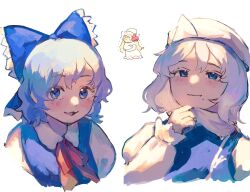 Rule 34 | 3girls, blue bow, blue eyes, blue hair, bow, cirno, closed mouth, commentary request, dress, hair bow, highres, letty whiterock, lily white, looking at viewer, multiple girls, mushiao, open mouth, short hair, smile, touhou, trembling, white dress, white headwear