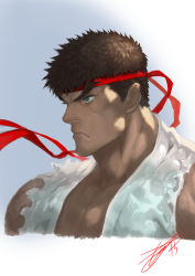 Rule 34 | 1boy, black hair, brown hair, dougi, grey eyes, hairband, headband, heewon lee, highres, male focus, ryu (street fighter), signature, solo, street fighter, torn clothes, torn sleeves, upper body
