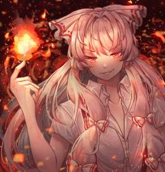 Rule 34 | 1girl, absurdres, arm up, collarbone, dandelion girl, embers, fiery background, fire, flaming hand, fujiwara no mokou, furrowed brow, grin, hair intakes, hair ribbon, highres, index finger raised, leaning to the side, long hair, looking at viewer, red eyes, ribbon, shirt, short sleeves, sidelocks, silver hair, smile, solo, suspenders, touhou, tress ribbon, tsurime, upper body, very long hair, white shirt