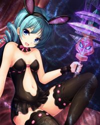 Rule 34 | 1girl, :d, amaya kyou, animal ears, aqua hair, bare shoulders, blue eyes, breasts, collarbone, drill hair, fake animal ears, holding, looking at viewer, navel, open mouth, original, rabbit ears, sitting, small breasts, smile, solo, thighhighs, wrist cuffs, zettai ryouiki