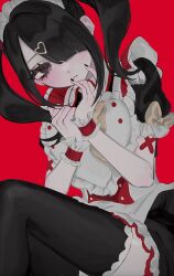 Rule 34 | 1girl, ame-chan (needy girl overdose), apron, black eyes, black hair, black nails, black thighhighs, blush, bow, closed mouth, dress, frown, hair ornament, hair over one eye, hands up, heart, heart hair ornament, heart in eye, highres, long hair, looking at viewer, nail polish, needy girl overdose, official alternate costume, puffy short sleeves, puffy sleeves, red background, red dress, short sleeves, simple background, sitting, solo, sweets paradise, symbol in eye, thighhighs, twintails, warui (lleh25), white apron, wrist cuffs, yellow bow