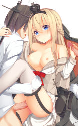 Rule 34 | 10s, 1girl, 2boys, absurdres, admiral (kancolle), ass, blonde hair, blue eyes, bow, breasts, clothed sex, crown, garter straps, globus cruciger, gloves, hand on back, hand on thigh, handjob, hetero, highres, jyt, kantai collection, large breasts, looking at viewer, machinery, multiple boys, nipples, no bra, penis, red bow, sex, skirt, thighhighs, uncensored, warspite (kancolle), white thighhighs