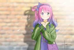 Rule 34 | 1girl, absurdres, alternate costume, artist name, bag, blurry, blurry background, blush, bow, collarbone, commentary request, dress, gradient hair, green eyes, green jacket, hair between eyes, hair bow, highres, himemori luna, hinazuki maara, hololive, jacket, jewelry, light beam, long hair, long sleeves, looking at viewer, multicolored hair, necklace, open clothes, open jacket, pink hair, purple dress, purple eyes, purple hair, shadow, shoulder bag, sidelocks, signature, smile, solo, stone wall, swept bangs, virtual youtuber, wall