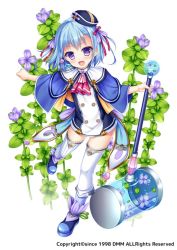 Rule 34 | 1girl, :d, ascot, black hat, blue capelet, blue footwear, blue hair, boots, capelet, flower, flower knight girl, full body, hammer, hat, holding, holding weapon, knee boots, looking at viewer, miniskirt, mizubakopa (flower knight girl), name connection, object namesake, official art, open mouth, purple eyes, shitou, short hair, skirt, smile, solo, standing, standing on one leg, thighhighs, thighhighs under boots, weapon, white background, white thighhighs