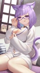 Rule 34 | 2girls, :q, absurdres, ahoge, alternate costume, animal ear fluff, animal ears, animal hood, black collar, blunt bangs, breasts, brown eyes, brown hair, cat ears, cat girl, cat tail, cleavage, closed mouth, collar, dog hood, glasses, highres, hololive, hood, inugami korone, large breasts, long hair, long sleeves, looking at another, looking at viewer, multiple girls, nekomata okayu, nekomata okayu (oversized shirt), official alternate costume, purple-framed eyewear, purple eyes, purple hair, roina (effj7473), shirt, sitting, tail, thighs, tongue, tongue out, virtual youtuber, white shirt, window