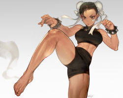 Rule 34 | 1girl, abs, alternate costume, artist name, asymmetrical bangs, asymmetrical hair, bandage on face, bandages, bare legs, barefoot, black shorts, black sports bra, bracelet, breasts, brown eyes, brown hair, bun cover, capcom, chun-li, commentary, cowboy shot, crop top, double bun, earrings, eyelashes, fighting stance, gradient background, grey background, hair bun, jewelry, lips, looking at viewer, medium breasts, midriff, morry, navel, scar, short hair, short shorts, shorts, signature, simple background, sleeveless, smoke, solo, spiked bracelet, spikes, sports bra, standing, standing on one leg, street fighter, symbol-only commentary, tan, taut clothes, thick thighs, thighs, toned