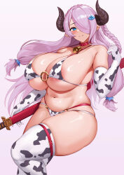 Rule 34 | 1girl, absurdres, animal print, areola slip, bikini, blue eyes, braid, breasts, cow print, curvy, elbow gloves, gloves, granblue fantasy, hair over one eye, highres, horns, huge breasts, jingb dx, large breasts, long hair, narmaya (granblue fantasy), navel, purple hair, solo, swimsuit, sword, thick thighs, thighhighs, thighs, weapon, white background