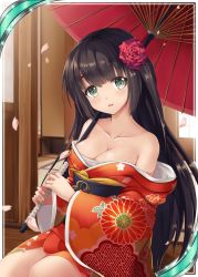 Rule 34 | 1girl, age progression, akkijin, bare shoulders, breasts, brown hair, card (medium), cherry blossoms, floral print, flower, green eyes, hair flower, hair ornament, holding, holding umbrella, indoors, japanese clothes, kimono, medium breasts, official art, oil-paper umbrella, print kimono, red umbrella, seiza, shinkai no valkyrie, sitting, solo, umbrella