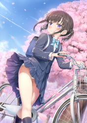 Rule 34 | 1girl, basket, bicycle, black socks, blazer, blue bow, blue bowtie, blue sky, blush, bow, bowtie, buttons, cherry blossoms, closed mouth, clothes lift, cloud, collarbone, commentary request, day, hair between eyes, hair ornament, hairband, hairclip, highres, holding, jacket, kneehighs, long sleeves, looking away, nedia (nedia region), original, outdoors, panties, pantyshot, petals, pleated skirt, purple eyes, school uniform, shirt, short hair, skirt, skirt lift, sky, smile, socks, solo, spring (season), standing, thighs, tree, twintails, underwear, white panties, white shirt