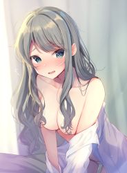Rule 34 | 1girl, ahoge, all fours, aqua eyes, bare shoulders, blush, breasts, cleavage, collarbone, embarrassed, flying sweatdrops, grey hair, hair over breasts, highres, large breasts, long hair, long sleeves, looking at viewer, momoirone, off shoulder, open clothes, open mouth, open shirt, original, panties, shirt, sidelocks, solo, underwear, wavy hair, white panties, white shirt
