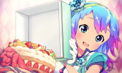 Rule 34 | 1girl, aoki lapis, blue eyes, blue hair, cake, diamond (gemstone), food, fruit, gloves, hair ornament, matching hair/eyes, mitsubachika, open mouth, scarf, smile, solo, twintails, vocaloid