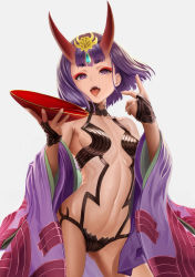 Rule 34 | 1girl, alcohol, bare shoulders, breasts, cowboy shot, cup, eyeliner, fate/grand order, fate (series), hair ornament, highres, horns, japanese clothes, kimono, looking at viewer, makeup, navel, oni, open mouth, purple eyes, purple hair, sakazuki, short hair, shuten douji (fate), shuten douji (first ascension) (fate), skin-covered horns, small breasts, solo, standing, stomach, teeth, tongue, tongue out, yamaneko (tkdrumsco)