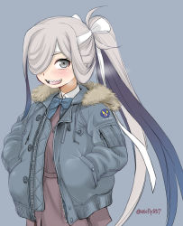 Rule 34 | 1girl, :d, asashimo (kancolle), blue background, blue bow, blue bowtie, blush, bow, bowtie, collared shirt, cowboy shot, dress, ebifly, grey eyes, grey hair, grey jacket, hair over one eye, hands in pockets, headband, highres, jacket, kantai collection, long hair, long sleeves, looking at viewer, one eye covered, open mouth, ponytail, red dress, sharp teeth, shirt, simple background, smile, solo, teeth, twitter username, very long hair, white shirt, wing collar