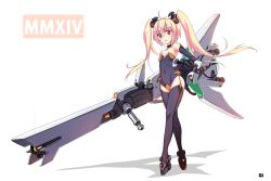 Rule 34 | 10s, 19 (kaitou19), 1girl, 2014, bare shoulders, black thighhighs, blonde hair, highres, huge weapon, long hair, looking at viewer, original, roman numeral, simple background, solo, thighhighs, twintails, weapon, white background