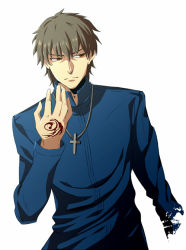 Rule 34 | 1boy, bad id, bad pixiv id, brown eyes, brown hair, command spell, cross, cross necklace, fate/zero, fate (series), jewelry, kotomine kirei, male focus, necklace, short hair, solo, suica (artist)